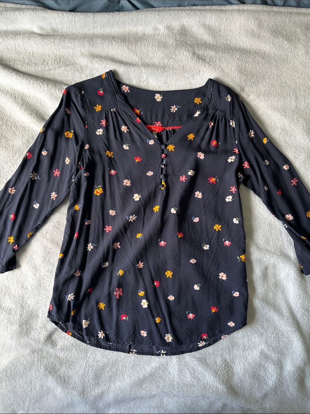 Joules Navy Floral Henley Blouse with Pink & Yellow Accents